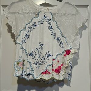 Anthropologie White Embroidered Floral Top